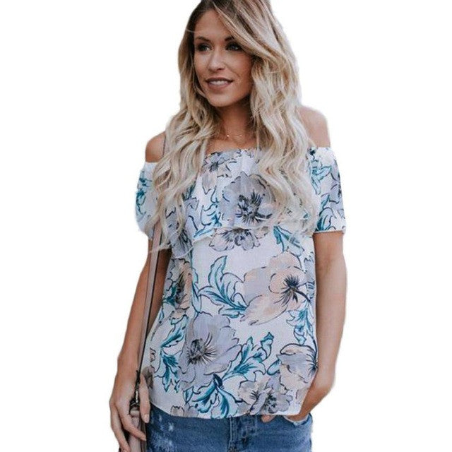 T Shirts Women   Women Off Shoulder Floral Printed Casual Tee Tops T-shirt Woman Camisetas Mujer #417 BL