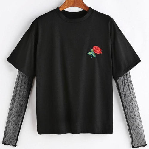 Women  Embroidery Flower Short Sleeve Mesh Splice harajuku women tshirs for   poleras de mujer #420 BL