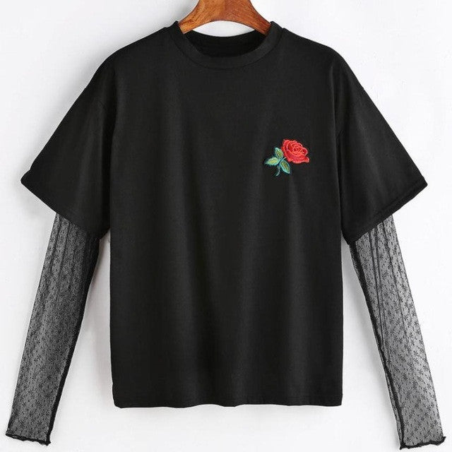 Women  Embroidery Flower Short Sleeve Mesh Splice harajuku women tshirs for   poleras de mujer #420 BL