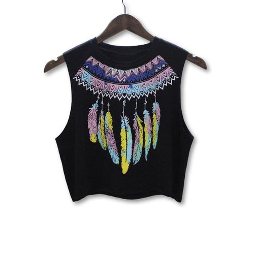 Feather Print Sleeveless   Tank Top For Women O-neck Short Black Women Crop Tops Sexy Casual Tee Tops Female #33 BL