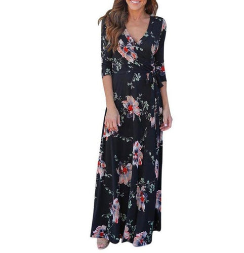 Floral print V Neck Women long dress Vestidos   maxi dresses Sexy Beach  Ladies Dress vestidos de verano #418 BL