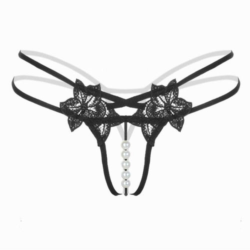 Flower Pearl Sexy Panties Ladies   Hollow Out G String And Thongs Temptation Open Crotch Underwear Women Low Waist #23 BL