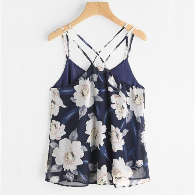 Flower Print Chiffon Tops Women    Sexy Crop Tops Beach Backlesss Camisole Halter Top Feamale #23 BL