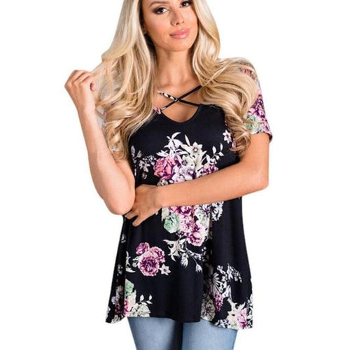 Flower Print Cotton Women Tops Front Crossing Tee Tops female T-shirt Sexy women t-shirt for   camisetas mujer #420 BL