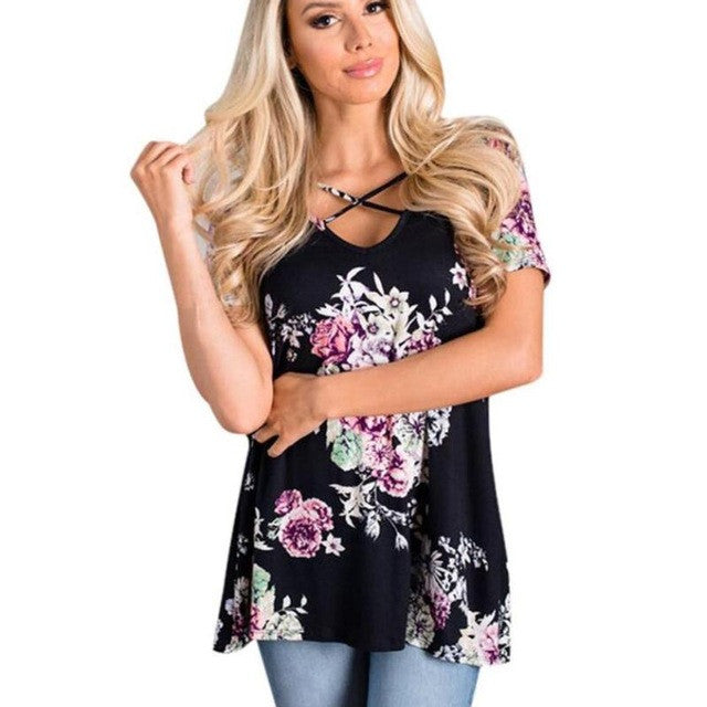 Flower Print Cotton Women Tops Front Crossing Tee Tops female T-shirt Sexy women t-shirt for   camisetas mujer #420 BL