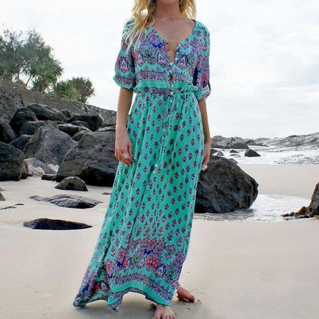 ! Beach Boho Style Sexy Women Long Maxi Dress Women   Long Sleeved Dress V Neck Floral Print Split Dress Lady #418 BL