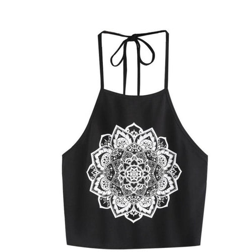 Halter Neck Crop Tops Women   Cotton Beach Flower Print  Bandage Backless Short Tank Top Women #418 BL