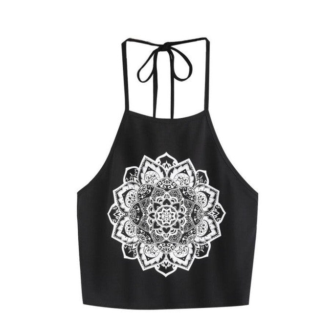 Halter Neck Crop Tops Women   Cotton Beach Flower Print  Bandage Backless Short Tank Top Women #418 BL