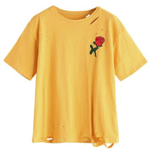 Harajuku women T shirts   Embroidery Hole Short Sleeve  T-Shirt For Women poleras de mujer Black White #421 BL