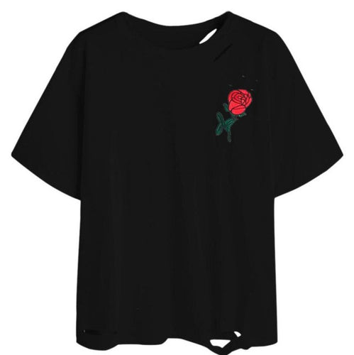 Harajuku women T shirts   Embroidery Hole Short Sleeve  T-Shirt For Women poleras de mujer Black White #421 BL