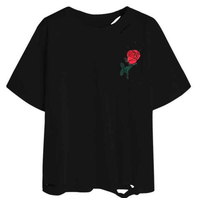 Harajuku women T shirts   Embroidery Hole Short Sleeve  T-Shirt For Women poleras de mujer Black White #421 BL