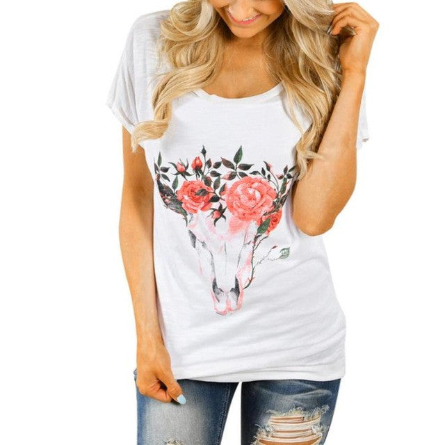 High Quality Flower Print T Shirt Women   Basic Tshirt Woman Casual Tops Short Sleeve T-shirt Women Tops #23 BL