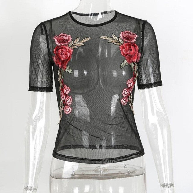 Womens Short Sleeve Sexy Black Mesh Embroidered Transparent T Shirts Women Club Streetwear Tees Tops Women #420 BL