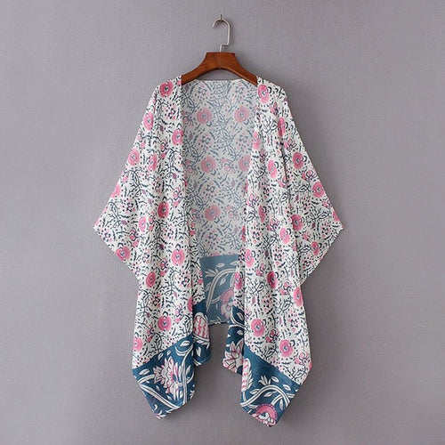 Women Floral Print Chiffon Loose 3/4 Sleeves Shawl Kimono Cardigan Tops Cover up Blouse camisas mujer   #43 BL