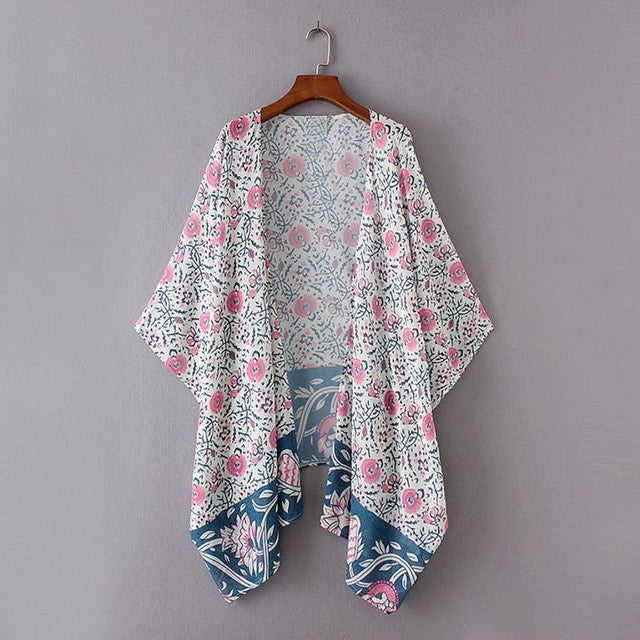 Women Floral Print Chiffon Loose 3/4 Sleeves Shawl Kimono Cardigan Tops Cover up Blouse camisas mujer   #43 BL