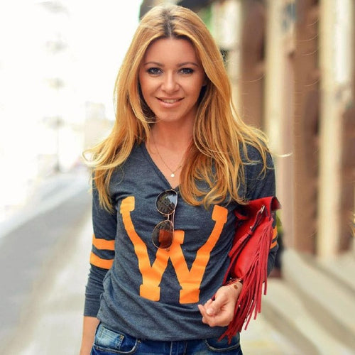 Letter Print Women O Neck Long Sleeve Tops  Casual T-Shirt Basic Tops   Camisas Femininas Tee Shirt Femme#1207 BL