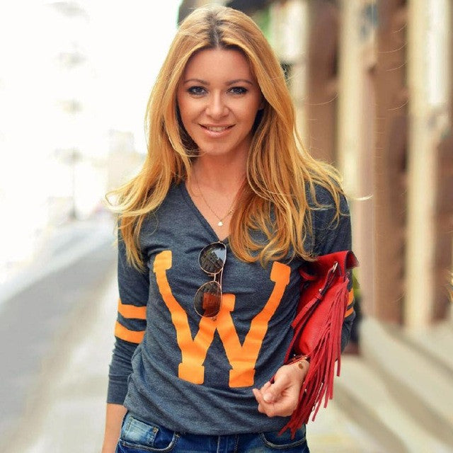 Letter Print Women O Neck Long Sleeve Tops  Casual T-Shirt Basic Tops   Camisas Femininas Tee Shirt Femme#1207 BL