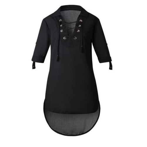 Long Style Chiffon Shirts Women Long Sleeve V Neck Lacing Up  Casual Thin Womens Blouses Loose Tops Female Clothes #52 BL