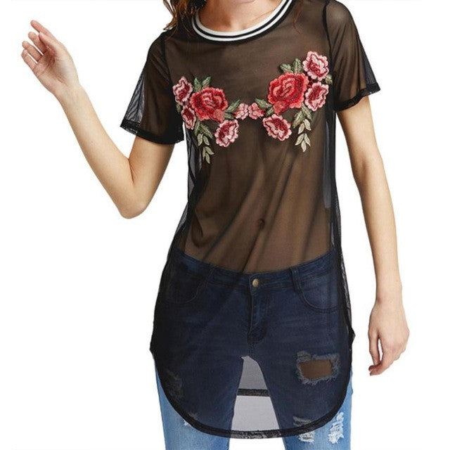 Long Style    T-Shirt Women  Sexy Transparent Embroidery Floral Short Sleeve T Shirt Poleras Mujer #23 BL