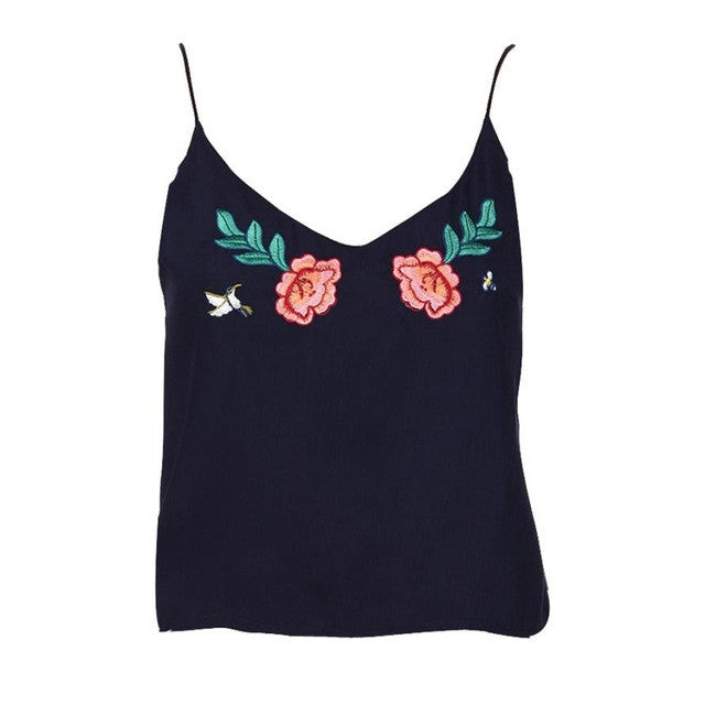 Nevy Women Embroidery Floral Short Tank Top For Women Sling Sleeveless Backless   Vest Tops Women  #63 BL