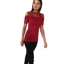 T-shirts Women  Off The Shoulder Hollow Out Short Sleeve Sexy Tee Shirt Femme Woman Tops #1216 BL