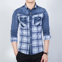 Men Shirts Shirts Long Sleeved Plaid Denim Shirts Casual Slim Fits BL