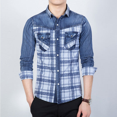 Men Shirts Shirts Long Sleeved Plaid Denim Shirts Casual Slim Fits BL
