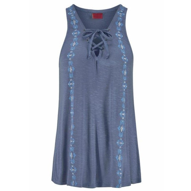 Tank Top Women  Print V-Neck Bandage Sleeveless Straps Vest Tank Tops For Women Top   #425 BL