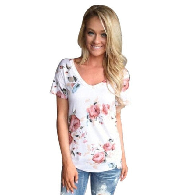 Women  Short Sleeve Ladies T shirt Casual Floral Print Tees TopsV Neck T-shirt Femme camisas femininas #23 BL