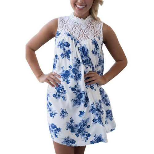 Dress Women's Elegant Lace Boho Sleeveless Floral Blue White Printed Casual Loose Beach Mini Dress #23 BL