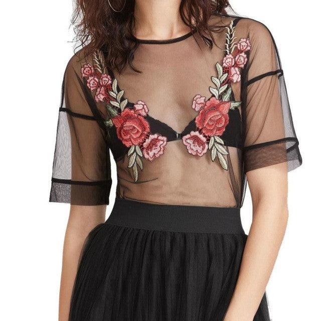 Sexy Sheer Mesh Transparent  Tops Women Embroidery Floral Black Short Sleeve Applique Womens Blouses Clothes #52 BL