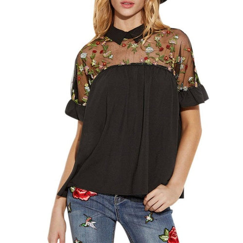 T Shirt Woman  Embroidered Flower Lace Sheer Turn-down Tie Back Short Sleeve Tops Women Poleras De Mujer #416 BL