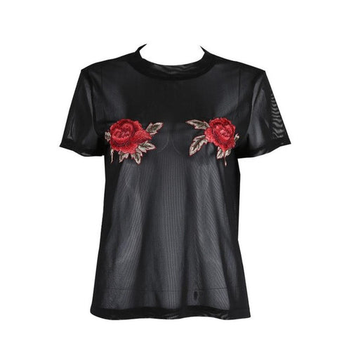 T-shirt Short Sleeve O Neck Embroidered Floral Sexy Transparent Tee Shirt Femme camisetas mujer verano Black #63 BL