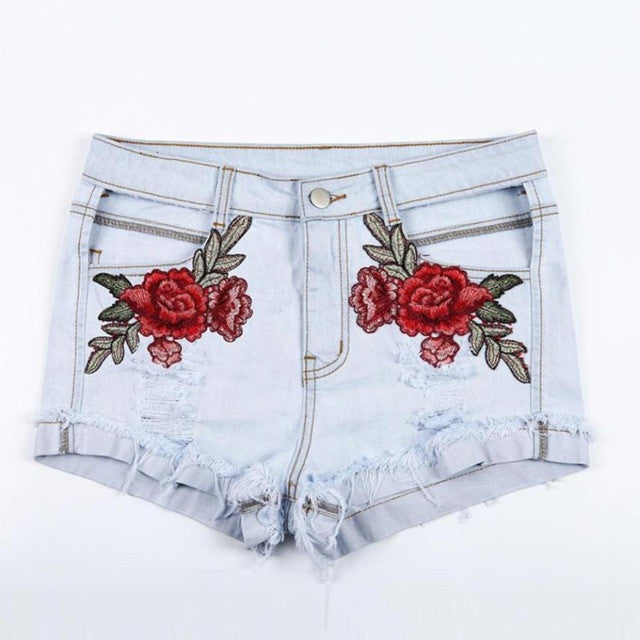 Women Applique Floral Hole Shorts Women Sexy Ripped Jeans Denim Cotton Worn Loose Shorts Womens   #23 BL