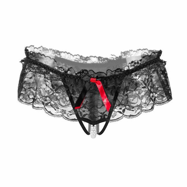 Underwear Women Sexy Underpanties Lace Pearl Open Crotch Panties Thongs And G Strings Female Low Waist Lingerie G-String BL