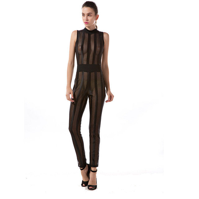 Striped Long Pants Jumpsuits Rompers Women Sleeveless Net Yarn Sexy Transparent Slim Overallls Female combinaison femme #43 BL