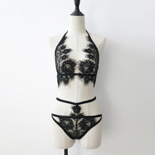 Women Bandage Lace Push Up Corset Crop Top Women Halter Neck Backless Sexy 1PC Crop Tops +1PC Underwear Set Black/White #23 BL