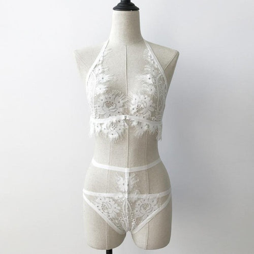 Women Bandage Lace Push Up Corset Crop Top Women Halter Neck Backless Sexy 1PC Crop Tops +1PC Underwear Set Black/White #23 BL
