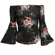 Women Blouses Flare Sleeve Slash Neck Off Shoulder Shirts Women Floral Print Casual Long Sleeve Irregular Tops Ladies #63 BL
