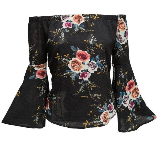 Women Blouses Flare Sleeve Slash Neck Off Shoulder Shirts Women Floral Print Casual Long Sleeve Irregular Tops Ladies #63 BL
