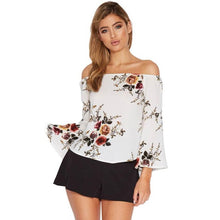 Women Blouses Flare Sleeve Slash Neck Off Shoulder Shirts Women Floral Print Casual Long Sleeve Irregular Tops Ladies #63 BL