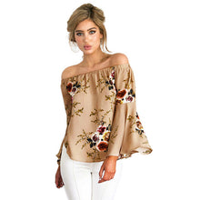 Women Blouses Flare Sleeve Slash Neck Off Shoulder Shirts Women Floral Print Casual Long Sleeve Irregular Tops Ladies #63 BL