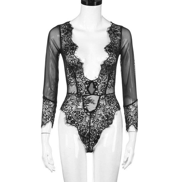 Nightwear Sexy Lace Mesh Bodysuits Womens Slim Black Deep V Neck Underwear Overalls Babydoll Lace Women Lingerie Bodysuit #43 BL