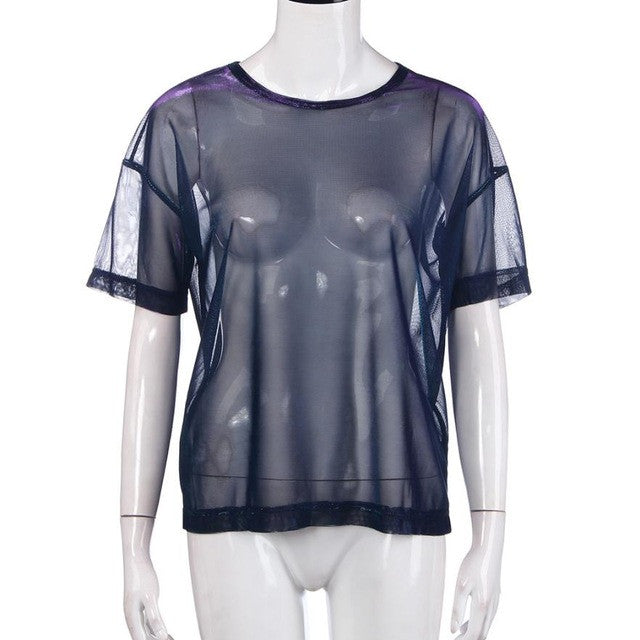 Novelty    Women Tee Shirt Hollow Out Transparent O Neck Short Sleeve T-shirt Camisetas Mujer Verano #63 BL