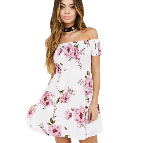 Off Shoulder Womens  Mini Dresses   Vintage Floral Print Ladies Boho Beach Mini Short Sleeve A Line Dress #63 BL