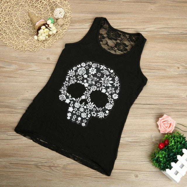 Plus Size S-5XL Tank Top Women  Fitness Work Out Back Lace Skull Print Sleeveless Tank Top For Women Black Pink White #418 BL