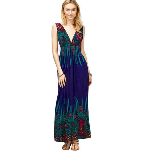 Print Long Beach Dresses Deep V Neck Sexy Women Dresses Elegant Boho  Womens A Line Maxi Dress vestidos mujer  #23 BL