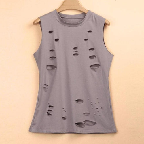 Punk Style Hole  Sleeveless T-shirt For Womens Casual O Neck T Shirts Loose Tee Tops Women camisetas mujer verano #419 BL