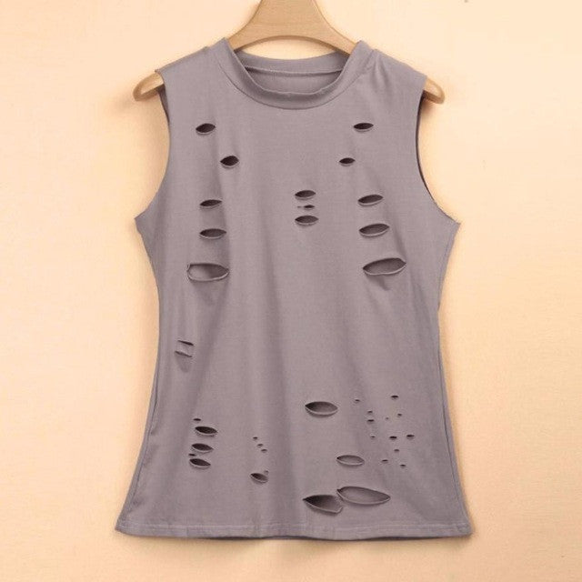 Punk Style Hole  Sleeveless T-shirt For Womens Casual O Neck T Shirts Loose Tee Tops Women camisetas mujer verano #419 BL