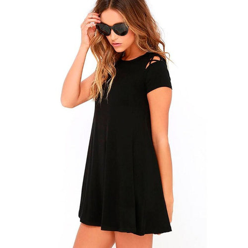 Robe Femme Ete  Women  Loose Solid Mini Dress Hollow Out Short Sleeve Casual T Shirt Dress Women Black/Red/Khaki #63 BL
